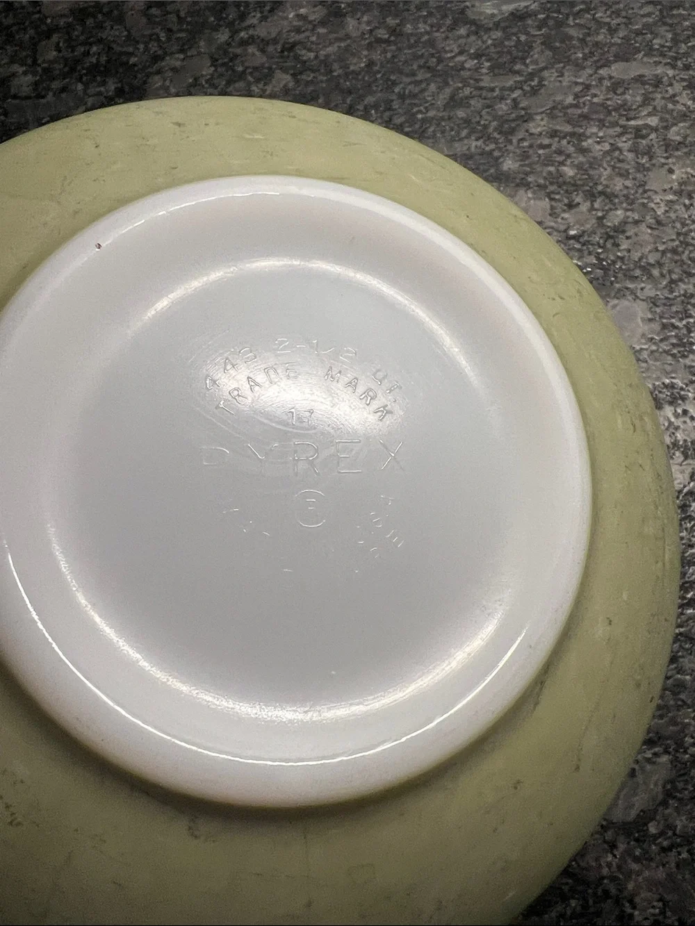 Vintage PYREX Avocado Green Mixing Bowl #443 with White Interior